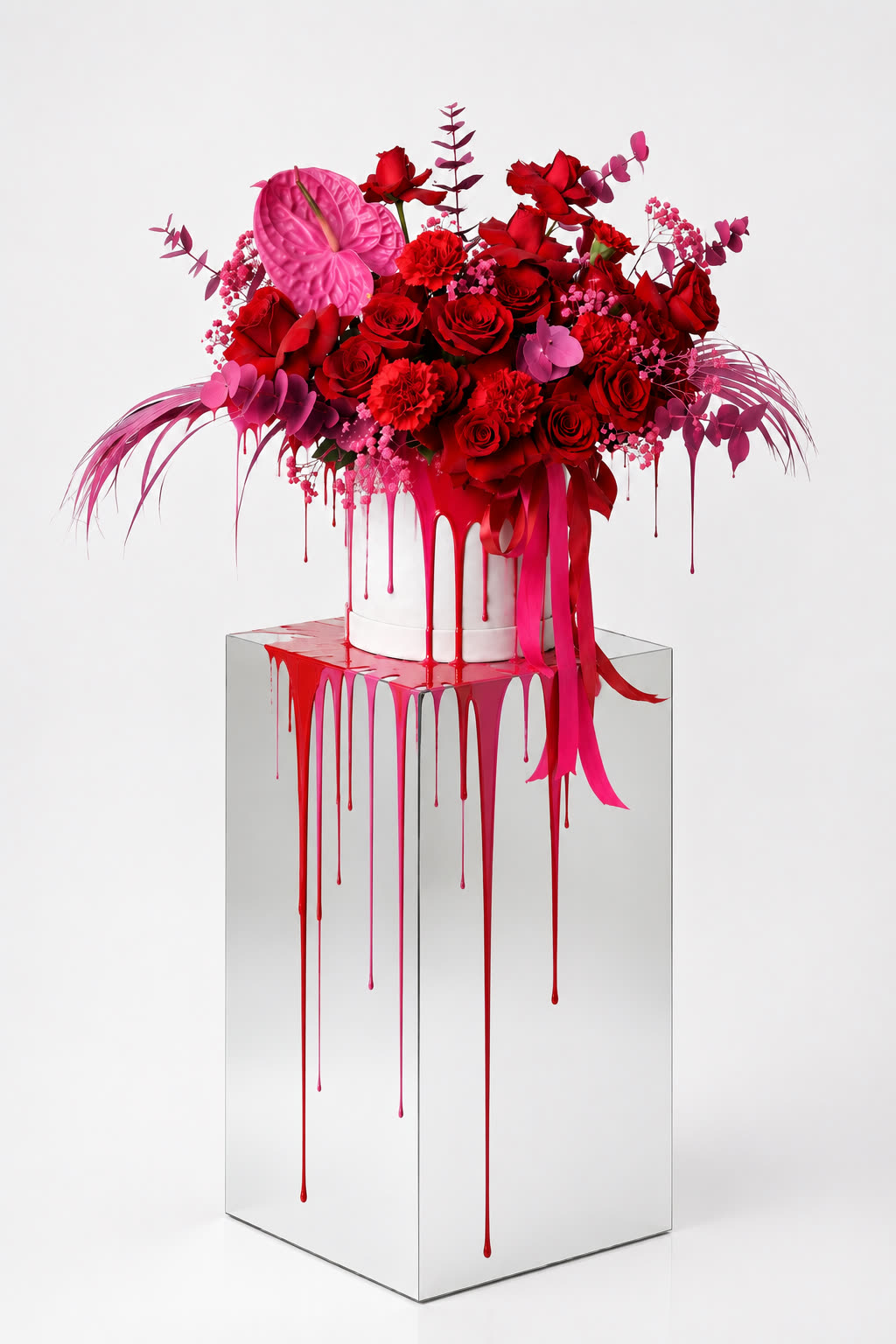 A dense arrangement of red and pink flowers on a white pedestal vase, styled still life