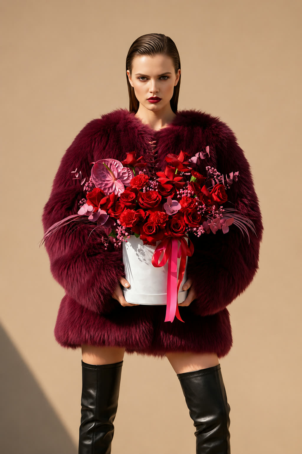 The same style of arrangement held against a burgundy fur wrap