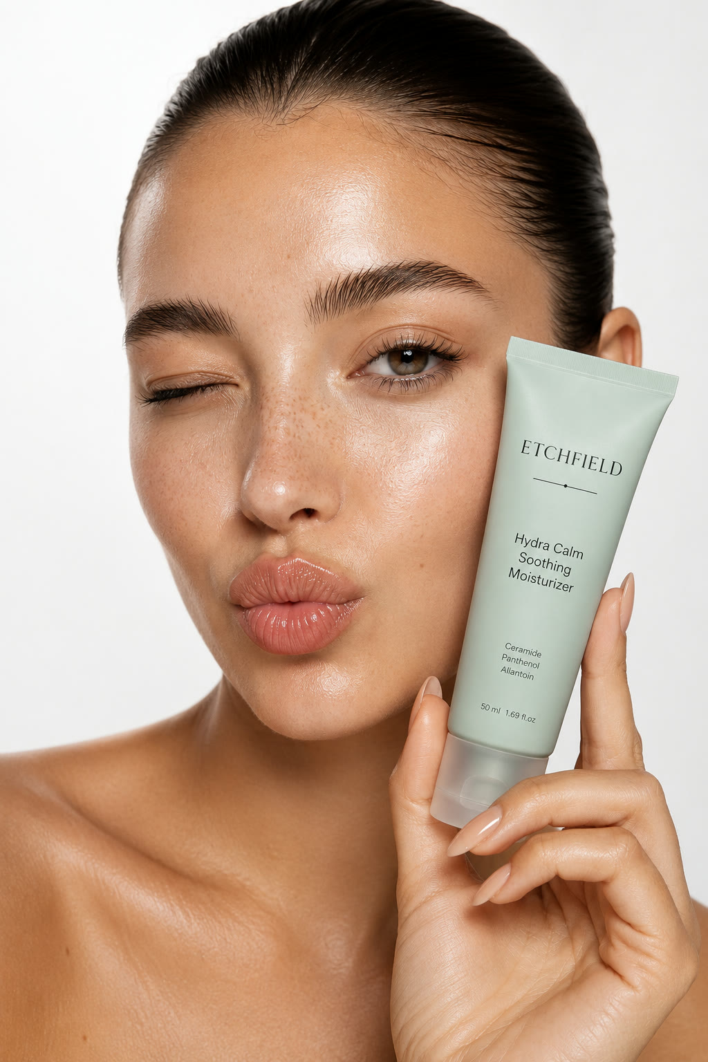 A sage green tube labelled Etchfield Hydra Calm Soothing Moisturizer, held to a model's cheek