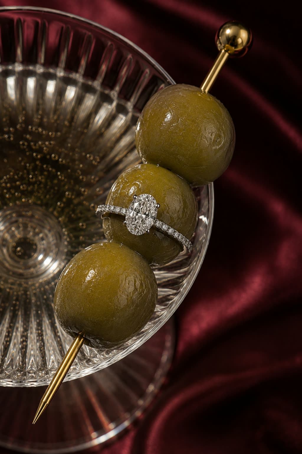 The same ring produced as a styled still life, nestled among olives on a cut glass plate over red silk