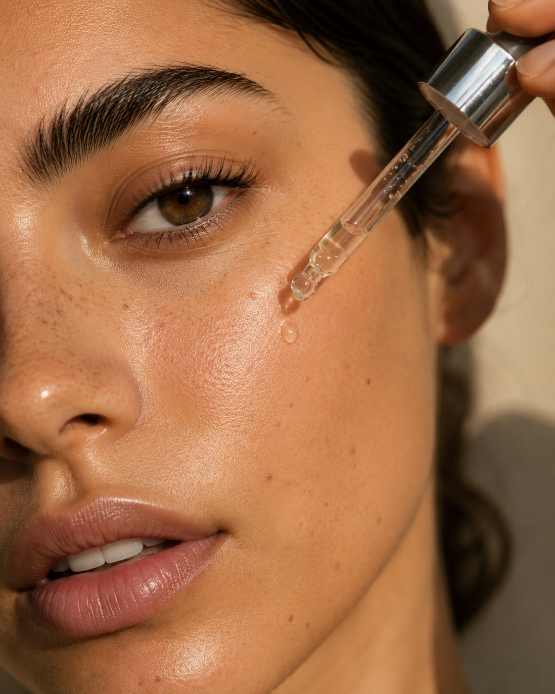 A glass dropper applying a clear serum below a model's eye, a bead of product visible on the cheek