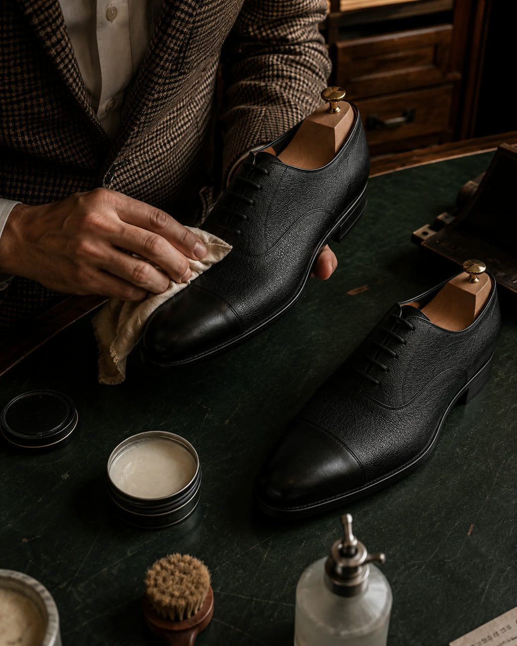A hand buffing a black leather cap toe oxford with a cloth, on a wood desk