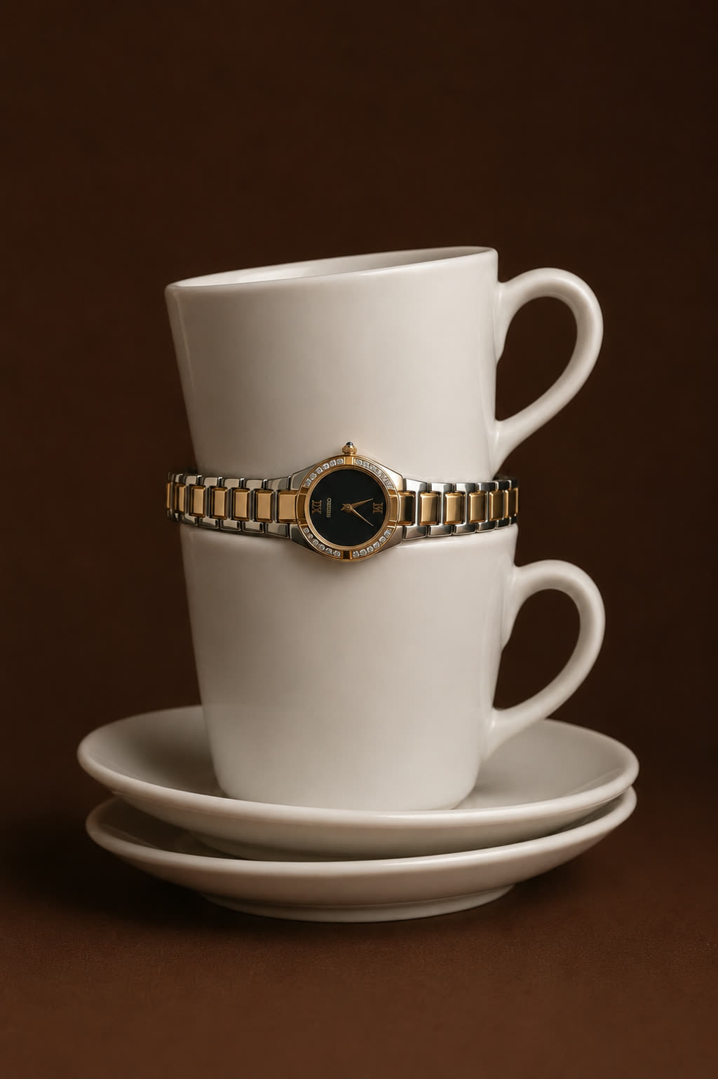 The watch produced hooked over the handle of a white coffee cup, a styled still life