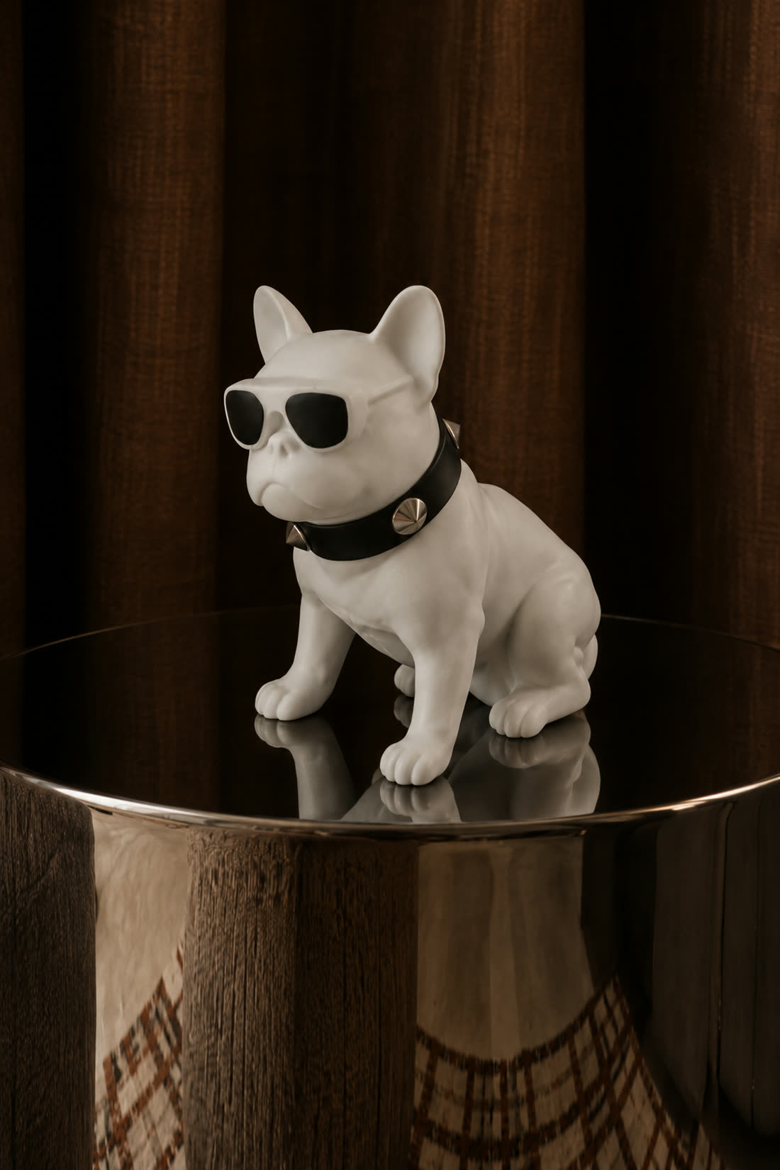 The same figurine produced on a glossy chrome pedestal against a dark curtain