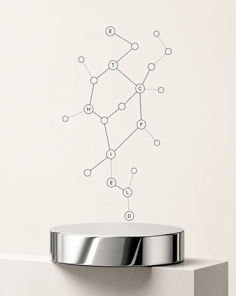 An abstract chrome and glass structure, its joints labelled with letters, resting on a polished pedestal
