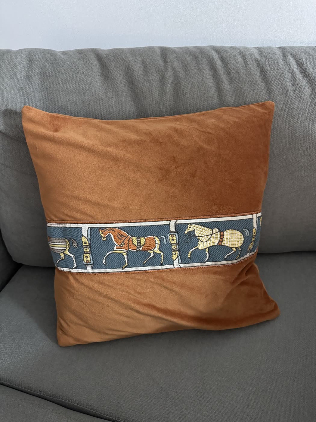 Phone photograph of an orange velvet cushion with a woven horse band, on a dark sofa
