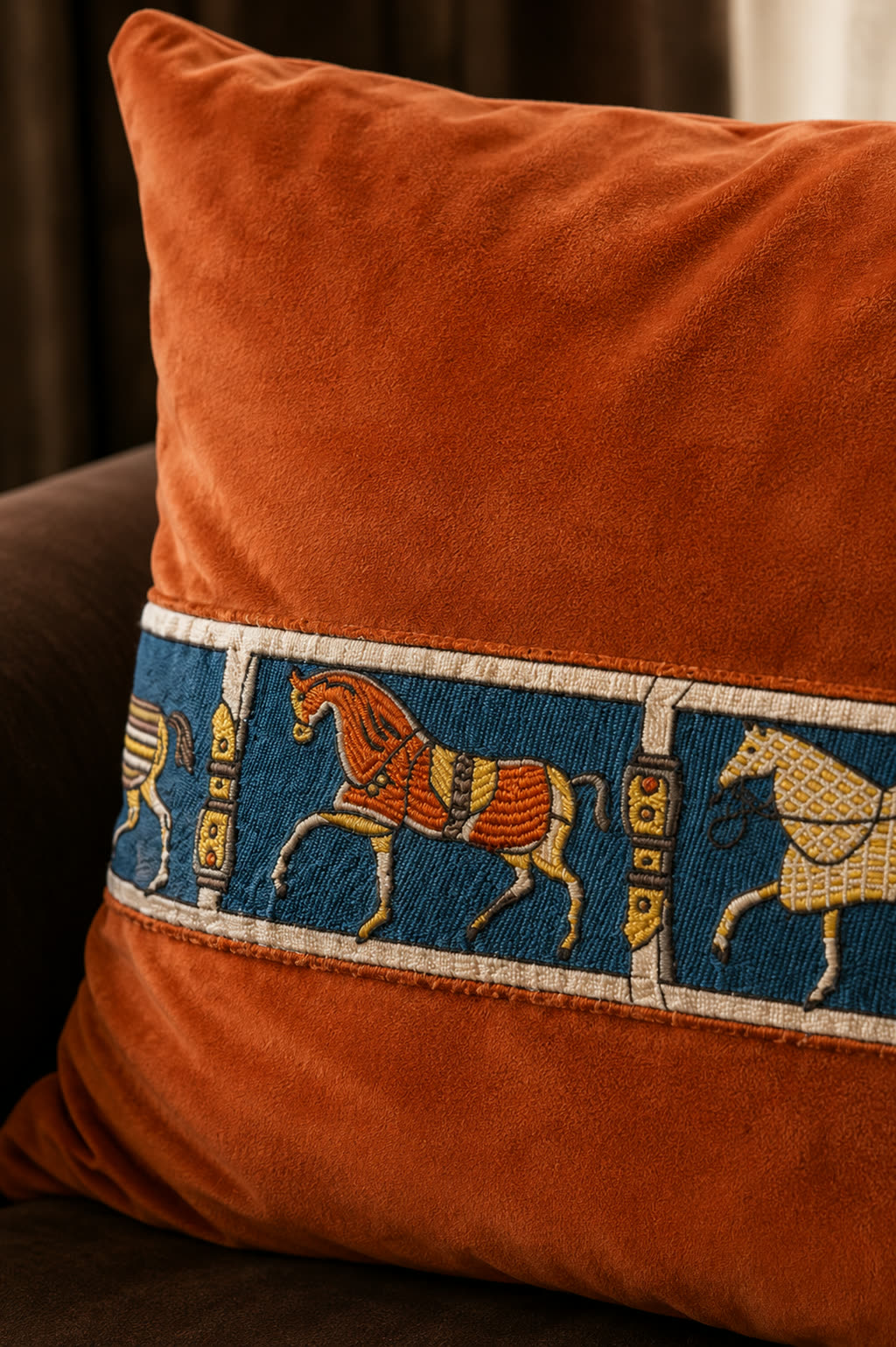 Macro detail of the cushion's woven horse band, showing the weave and the colours held exactly