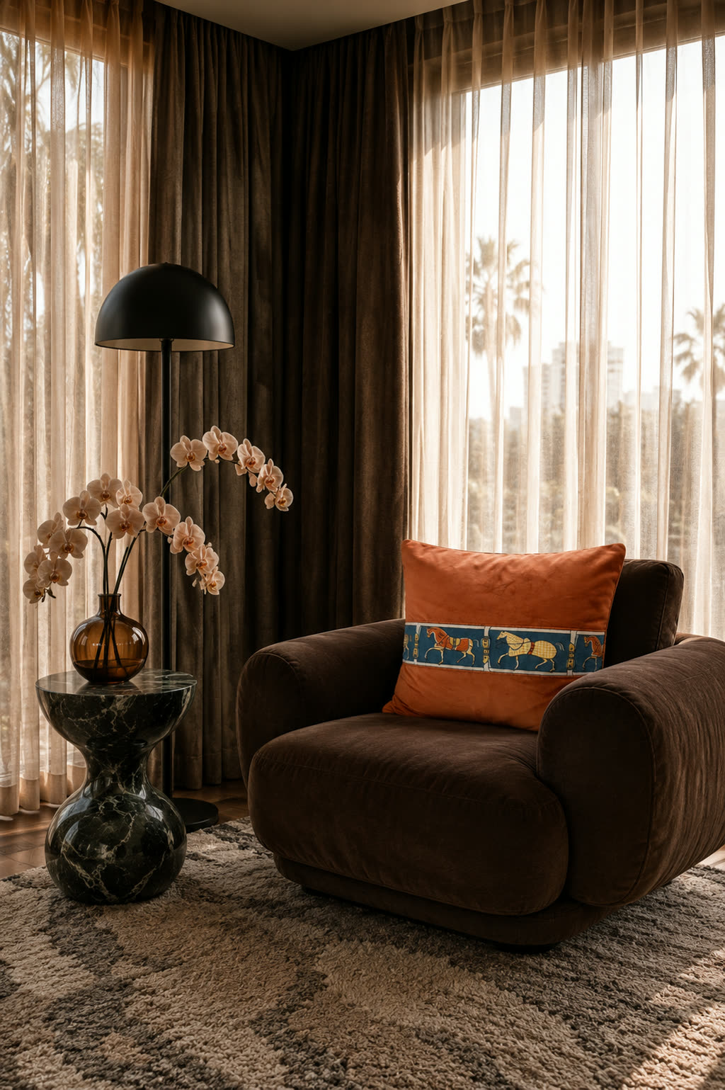 The same cushion and armchair from a second angle, curtains lit from behind