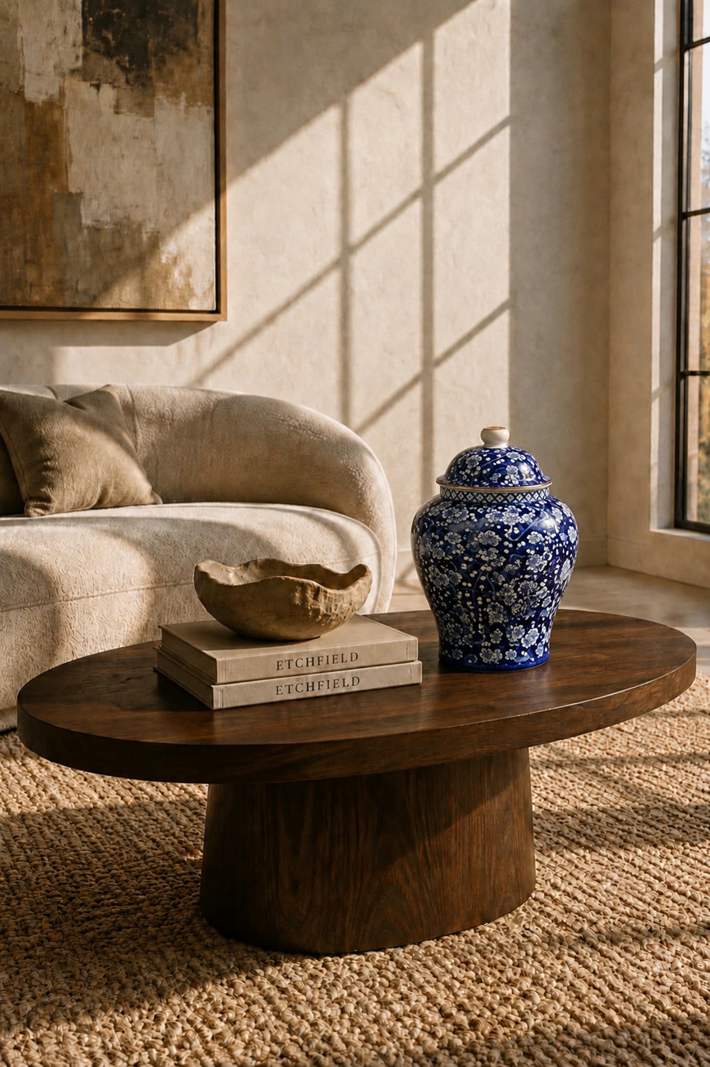 The same ginger jar styled on a round wood coffee table in front of a cream boucle sofa, beside stacked books and a brass dish