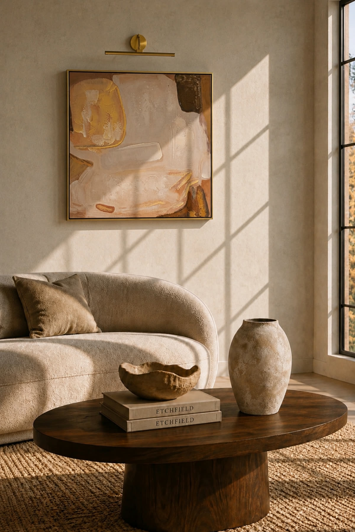 The same canvas produced hanging above a cream sofa, styled with a wood coffee table, a stone vase and a carved bowl