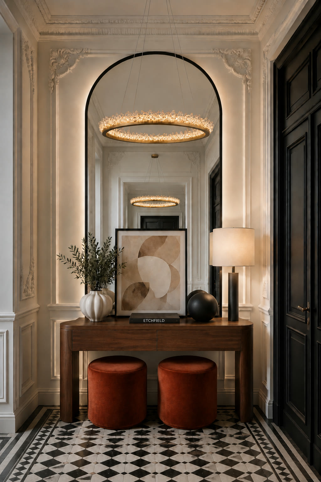 The chandelier lighting a console table styled with framed art, a lamp and a ceramic vase