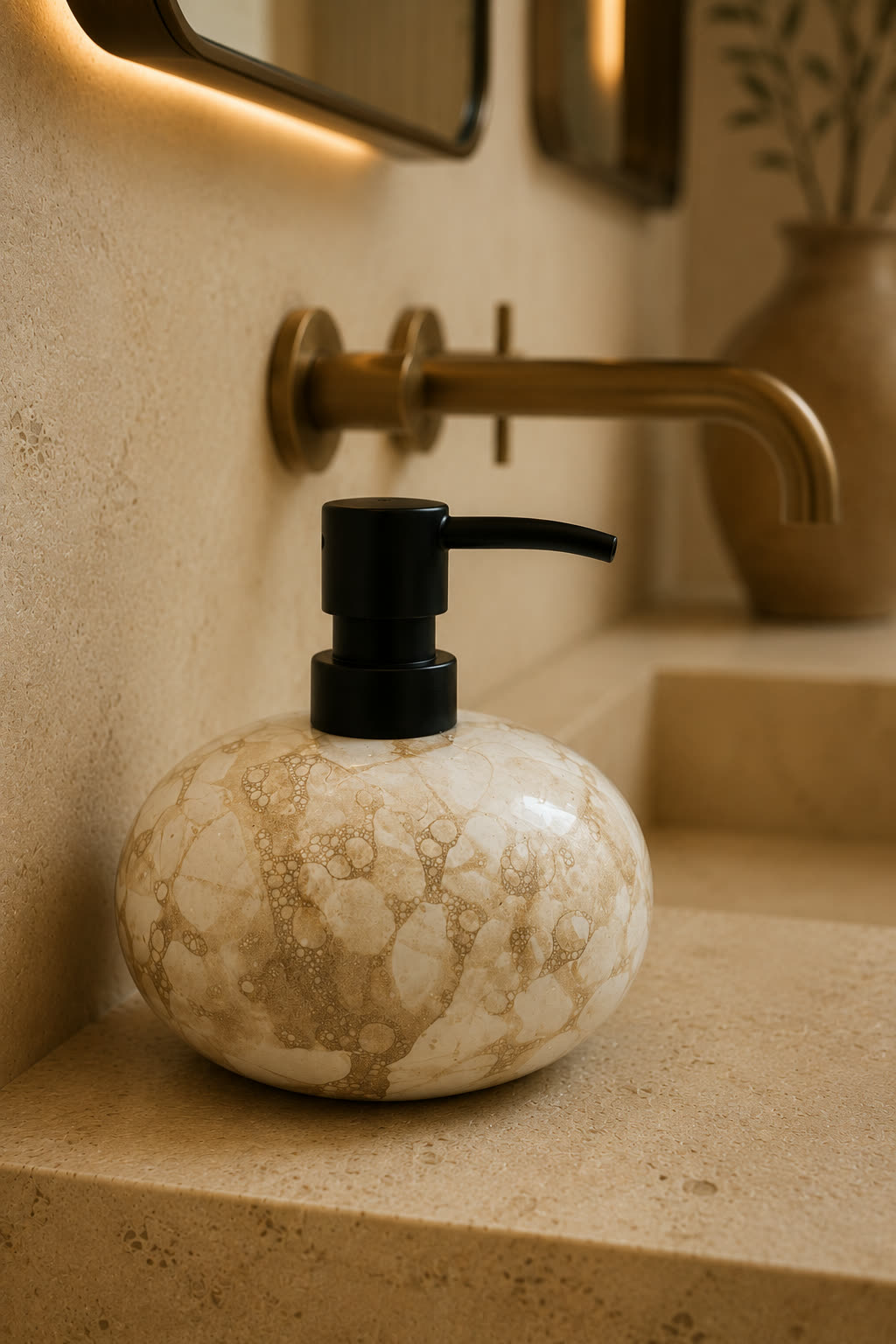 Detail of the same marble dispenser, showing its mottled cream and tan pattern