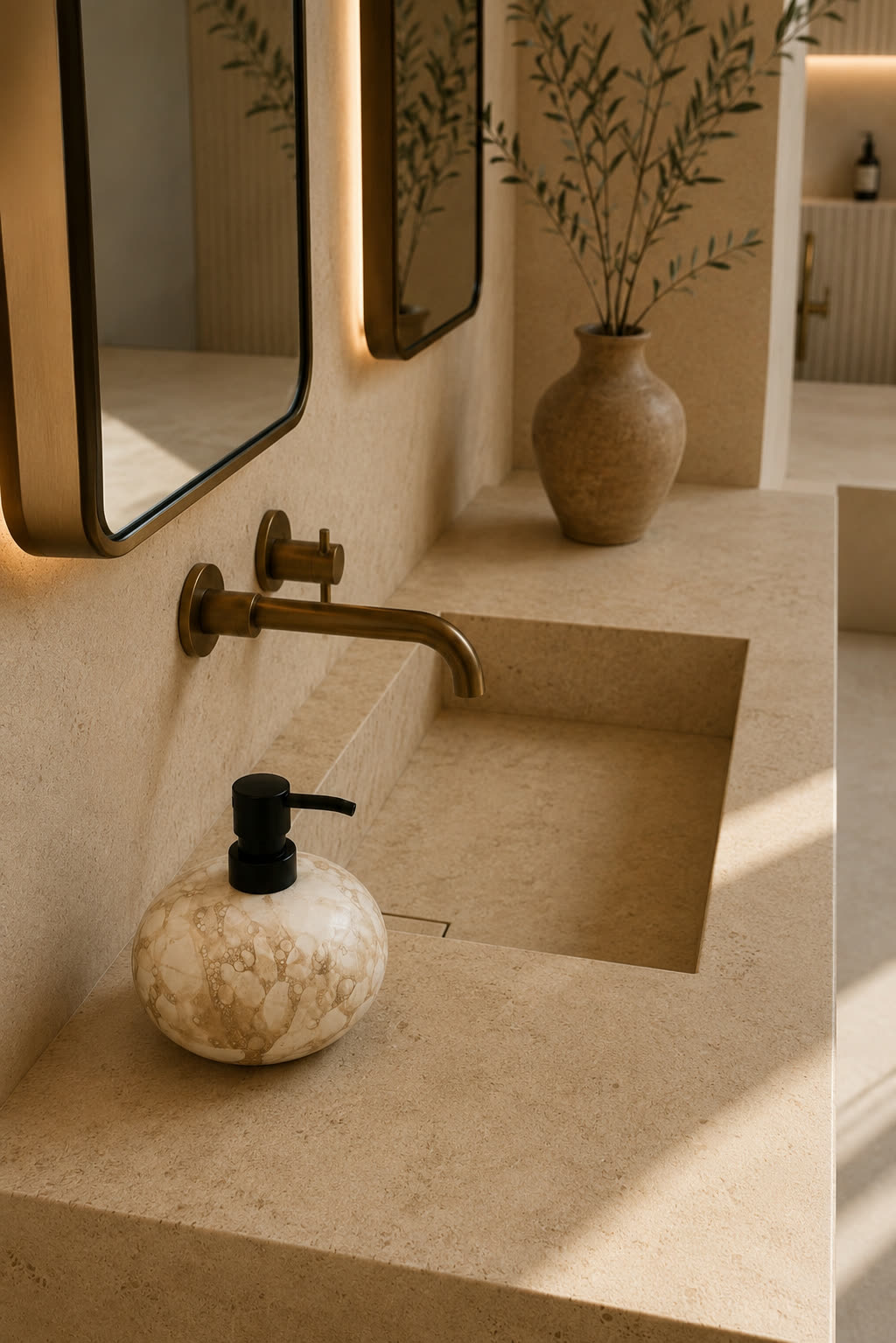 A marble soap dispenser on a stone bathroom counter beside a brass tap