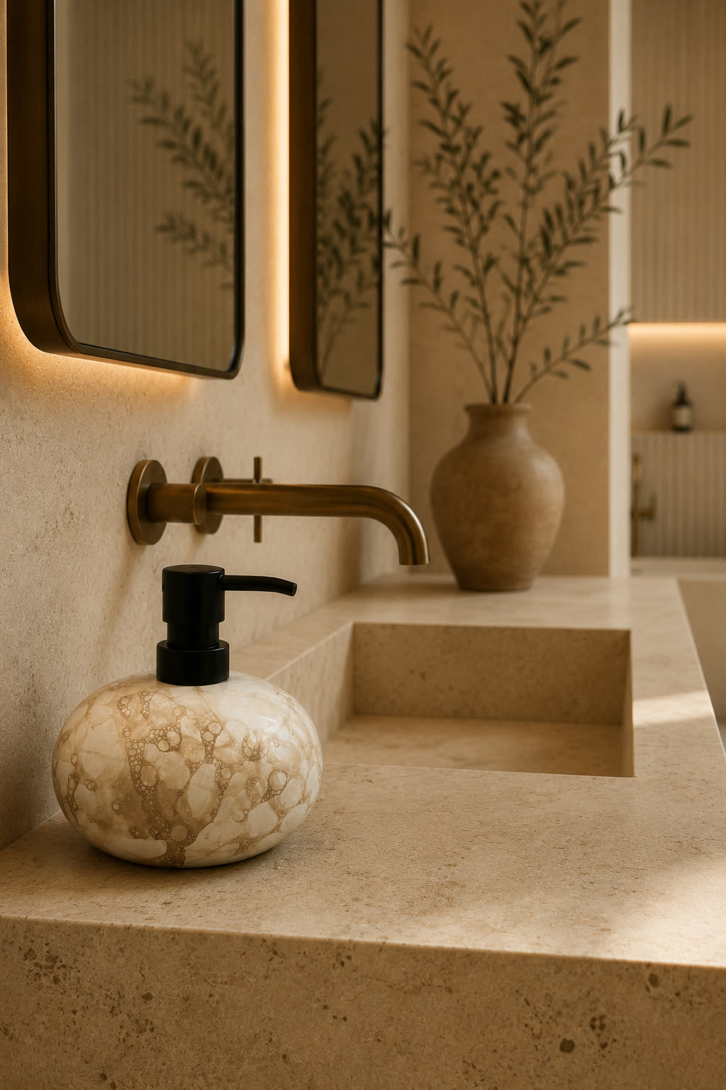 The marble dispenser on a stone bathroom counter beside a brass tap and a stone vase