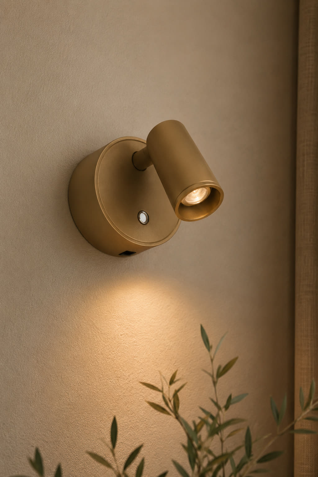The same sconce lit on a wall beside a trailing plant