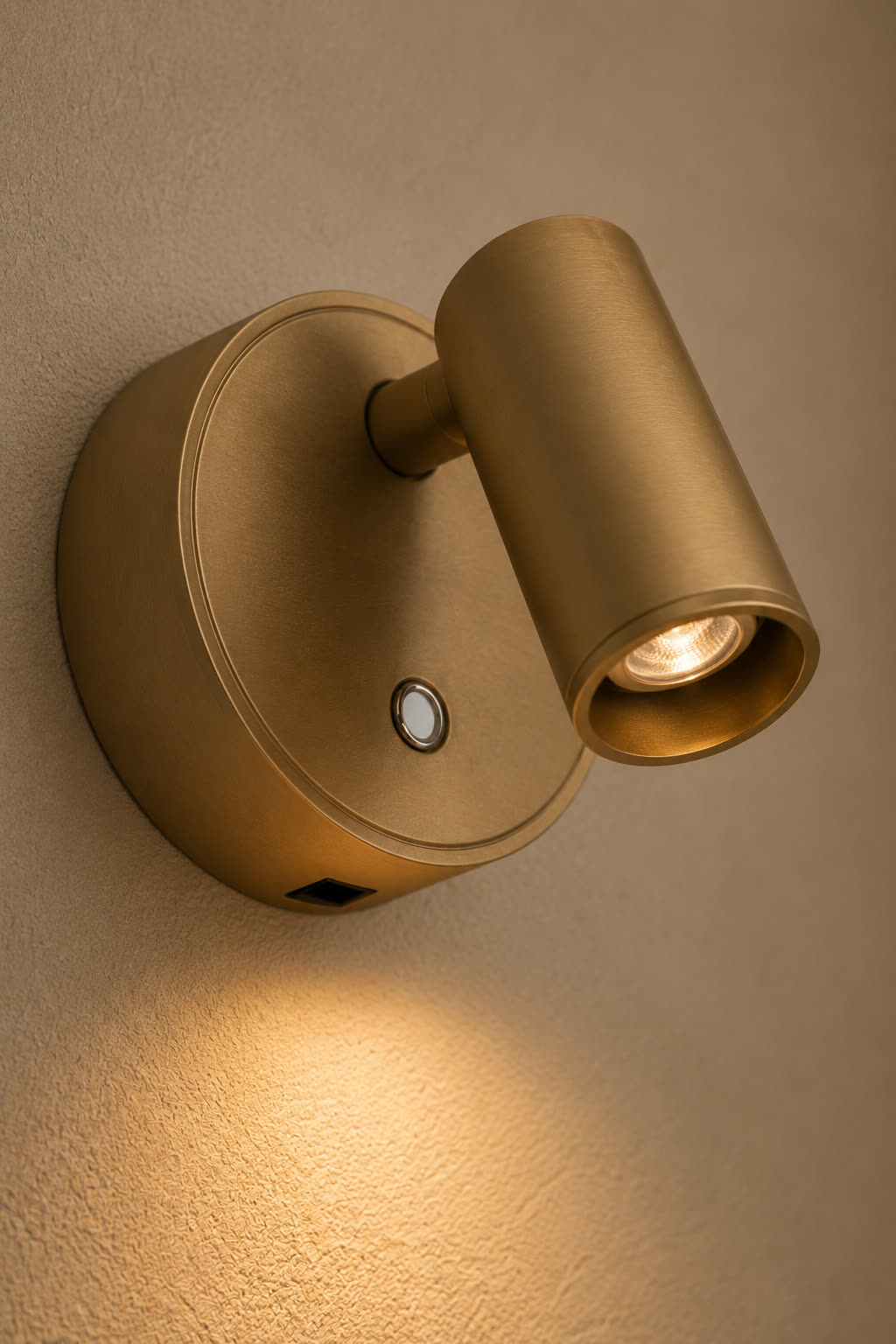 A brass wall sconce lit against a textured wall